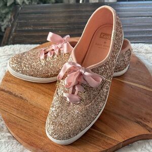 Keds Rose Gold Sparkling Sneakers with Pink Satin Laces